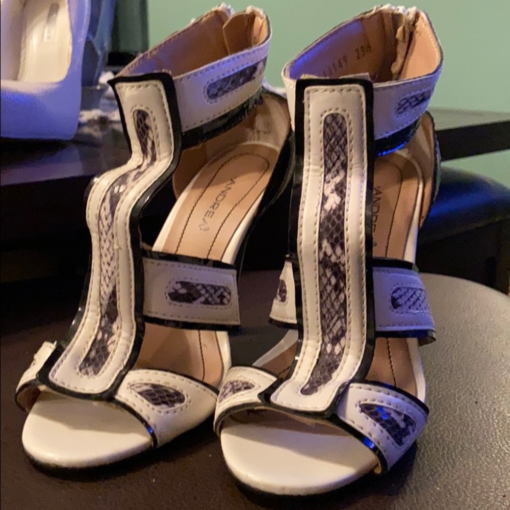 Andrea Snakeskin Pattern Open-Toe Heels, Size 6.5